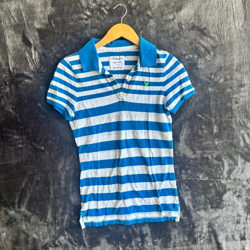 American Eagle Striped Blue and White Polo Size Medium